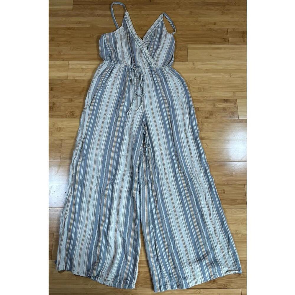 Nostalgia Striped Wide Leg Jumpsuit Women’s Small Blue Tan Rayon Boho Sleeveless